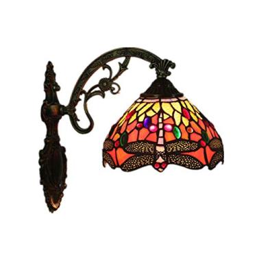 Imagem de Luminária de parede estilo Tiffany com libélula, estilo vintage, em vitral, para quarto, sala de estar, corredor ou hall de entrada, com cúpula de 20 cm.