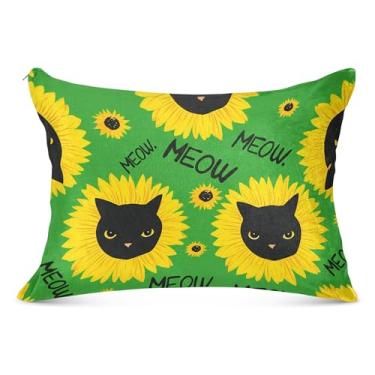 Imagem de Burbuja Capa de almofada de girassol com cabeça de gato preto tamanho Queen 50,8 x 76,2 cm, capa de almofada de pelúcia ultramacia e aconchegante com zíper para pele de cabelo