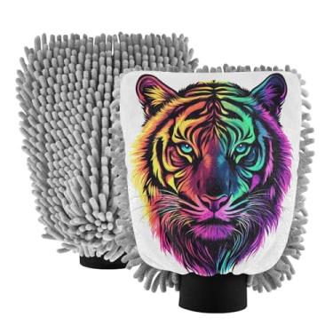 Imagem de STAYTOP Lindas luvas coloridas para lavagem de carro com retrato de tigre 2 peças, luvas de microfibra de chenille, sem arranhões, panos de esponja de lavagem ultra absorventes para carros, limpeza