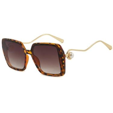 Imagem de Óculos de Sol Feminino e Masculino Oversized com Armação Metálica Degradê e Proteção UV400 para Esportes ao Ar Livre, Corrida e Ciclismo, Estampa de Leopardo Degradê Chá