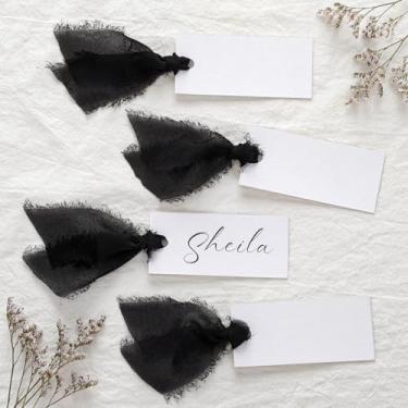 Imagem de Humyoun 50 peças de cartões de lugar de nome para mesa cartões de casamento em branco com fita de chiffon 1,57 x 3,54 polegadas etiquetas de presente penduradas para casamento, jantar, banquete, festa