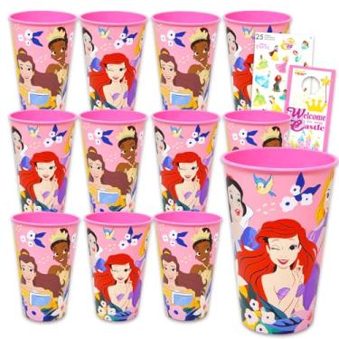 Imagem de Disney Pacote de copo reutilizável princesa - Pacote de lembrancinhas de festa com 12 xícaras de 680 g com Ariel, Bela, Branca de Neve e Mais Adesivos | Copos de água Disney Princess a granel