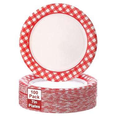 Imagem de 100 peças, pratos vermelhos e brancos, descartáveis, guingão, xadrez, chá de bebê, sobremesa, papel descartável, para piquenique, churrasco, chá de bebê, decorações de festa de aniversário
