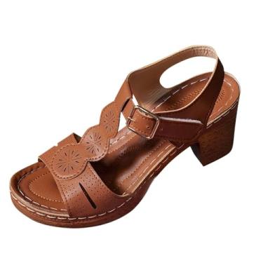 Imagem de Sandália feminina vazada com bico redondo, salto grosso, calçado casual para primavera e verão, lazer ao ar livre, Marrom, 36