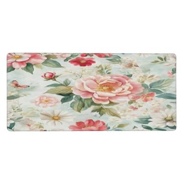 Imagem de Tapete de mouse retrô grande com flores de peônia à prova d'água para computador estendido tapete protetor de mesa antiderrapante base de borracha para escritório, computador, teclado, laptop e mesa