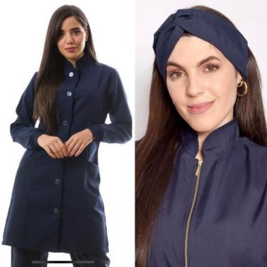 Imagem de Jaleco Feminino Oxford Gola Padre Botão Azul Marinho + Turbante Capri 