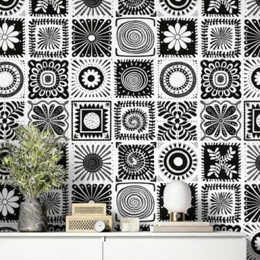 Imagem de Decotalk Papel de parede marroquino descasque e cole papel de parede em azulejo preto e branco Boho papel de parede 43 x 300 cm papel de parede azulejo para armários e gavetas papéis de parede boho