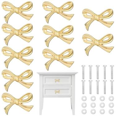 Imagem de IANFAN 10 maçanetas de armários em forma de laço, puxadores de gaveta de arco de latão, puxadores de cômoda vintage dourados decorativos para armário de cozinha em casa, ferragens de armário e