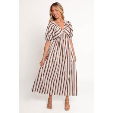 Imagem de Petal & Pup Vestido feminino Sullivan manga bufante-Maxi-Dress-Chocolate-Stripe, Listra de chocolate, P