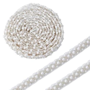 Imagem de letsinstyle Acabamento de renda com contas de pérola branca de 2 metros, fitas de borda de renda de cristal vintage de 0,4 polegadas de largura, fita decorativa de pérola sintética para vestido de