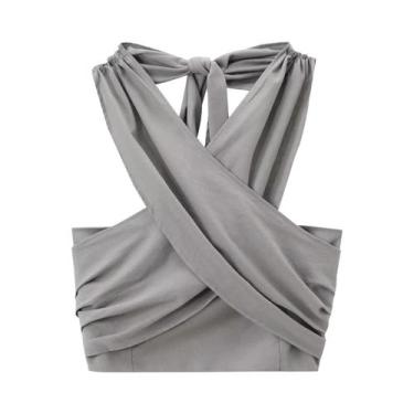 Imagem de Conjunto De Top Cropped Sem Mangas Em Caqui E Calças De Cintura Alta C