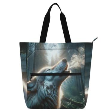 Imagem de GAIGEO Bolsa feminina de trabalho com estampa de lobo e lua uivando na praia, com zíper, bolsas para professores e compartimentos