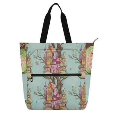 Imagem de GAIGEO Sacolas femininas de desenho animado Tree House para trabalho, lona, faculdade, escola, bolsas, bolsas de professores com compartimentos