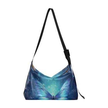 Imagem de GAIGEO Bolsa tiracolo feminina de couro com pintura preta e dourada abstrata, bolsa tiracolo de couro vegano, bolsa grande com zíper, Borboleta azul com estrelas - 1, One Size
