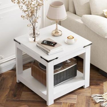 Imagem de Homieasy Mesa de canto quadrada branca, mesa lateral de fazenda de 51 x 50 cm com prateleira de armazenamento, mesa de destaque industrial para sala de estar, quarto, espaço pequeno
