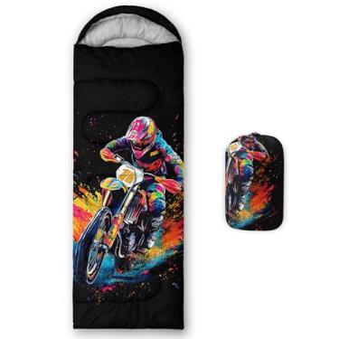 Imagem de AILONEN Saco de dormir com tema de motocicleta de esportes radicais para meninas e meninos altos com saco de compressão para acampamento quente, caminhadas, ao ar livre e interno, estilo de tinta e