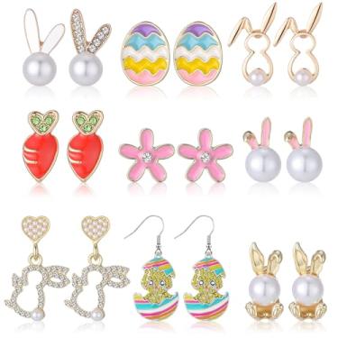 Imagem de Kigeli 9 pares de brincos de Páscoa para mulheres, lindo casaco de orelha de coelhinho de pérola, esmaltado, galinha, ovo, cenoura, joias com tema natalino para festa de Páscoa, enfeite de presente