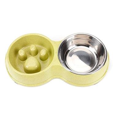 Imagem de Alimentador para animais de estimação de aço inoxidável para cães tigelas duplas de plástico para alimentação lenta Tigelas de alimentação e bebida para filhotes de cães pequenos alimentadores duráveis (cor: azul, tamanho: 32x13,5x14x5cm)