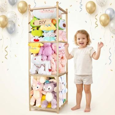Imagem de Armazenamento e organizador de animais de pelúcia com camadas ajustáveis, suporte de animais de pelúcia de 137 cm, faixa elástica mais grossa, canto de madeira, organizador de brinquedos para sala de