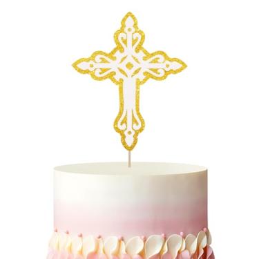 Imagem de Topo de bolo com cruz dourada, decoração de bolo God Bless, topo de bolo batizado com glitter rosa e branco para chá de bebê, decoração de festa de aniversário de casamento com tema religioso