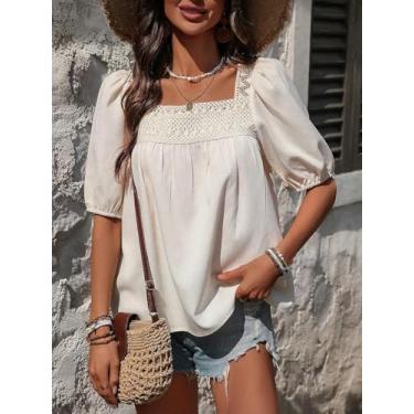 Imagem de Blusa feminina de crochê marfim com gola quadrada - blusa rodada de manga curta bufante, Damasco, M