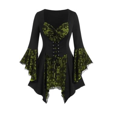 Imagem de Vestido feminino Rosegal punk plus size com ombro vazado, mangas flare com cadarço, evasê, midi gótico, vestido renascentista, espartilho (amarelo_1/4X)