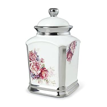 Imagem de fanquare Recipiente decorativo de porcelana floral retrô com acabamento prateado, açucareiro de cerâmica para saquinhos de chá, açúcar, pote pequeno na mesa de centro