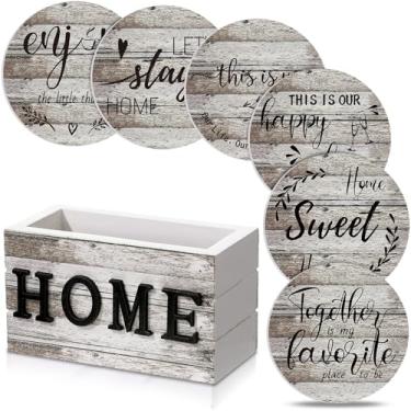 Imagem de Queekay Conjunto de 6 porta-copos para aquecer a casa, copos de madeira para casa de fazenda com suporte de 10 cm, decoração engraçada para cozinha, família, café, bar, proteção de mesa (cor de