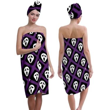 Imagem de EENSYWEENSY Conjunto de toalha de banho com turbante de cabelo, rosto assustador de terror roxo e preto, 80 x 149 cm, serve para peito 99-150 cm
