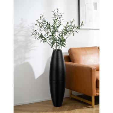 Imagem de Sziqiqi Vasos pretos de piso alto: vaso decorativo extra grande de metal de 69,8 cm para plantas falsas de grama dos pampas - Vaso grande com nervuras destacáveis para sala de estar, lareira interna