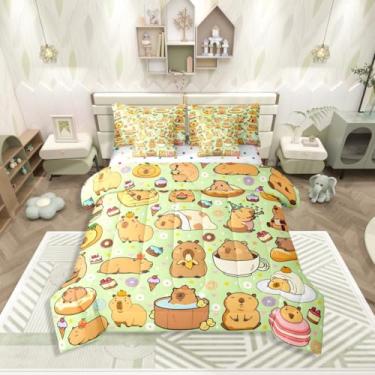 Imagem de Jogo de cama solteiro com tema capivara, 7 peças, cama de capivaras engraçadas e fofas em uma bolsa, conjunto de cama de animais roedores inclui edredom, conjunto de lençóis, fronhas e fronhas