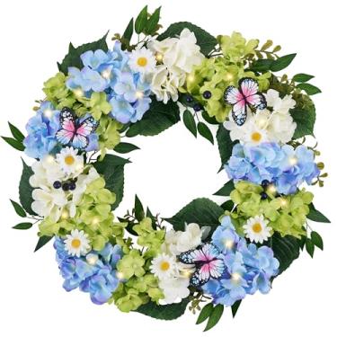 Imagem de Valery Madelyn Guirlandas dobráveis de primavera e verão para porta da frente com luz, guirlanda floral de hortênsias de seda azul verde branca com folhas de eucalipto borboleta para decoração de arco