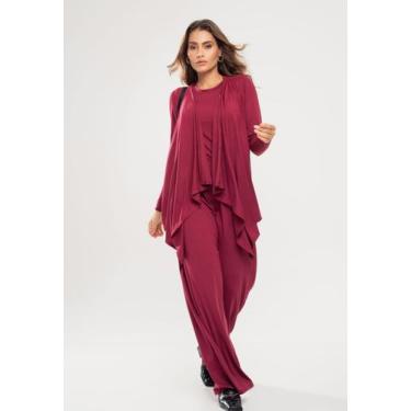 Imagem de Conjunto Com Kimono, Blusa Manga Longa e Wide Leg Malha Vinho Salvator