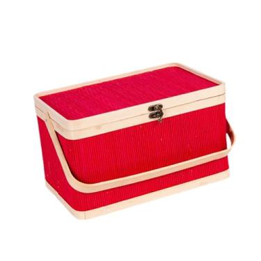 Imagem de KiBcsLic Cesta de bambu trançada para, porta-ovos, e portátil, com tampa e alça, ideal para pão, lanches, outros itens de cozinha, Vermelho