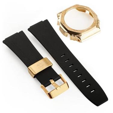 Imagem de JDIME Capa de relógio de aço inoxidável esculpida com pulseira de borracha de terceira geração para GA2100 retrofit e upgrade DIY (ouro preto)