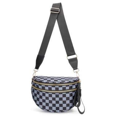 Imagem de Bolsas femininas transversais, bolsas transversais para mulheres com vários compartimentos e alças ajustáveis, leves e espaçosas. Bolsas transversais para viagens (xadrez cinza e branca) - sem