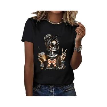 Imagem de Camiseta Feminina Com Estampa De Esqueleto, Camiseta De Manga Curta Pa