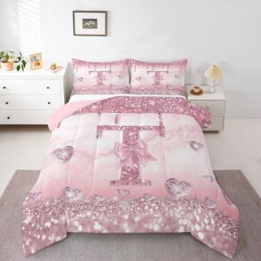 Imagem de Erosebridal Conjunto de cama solteiro com laço com letra T, fita do alfabeto rosa, estilo princesa, moderna, estética para crianças, meninas, adolescentes, mulheres, fantasia, princesa, edredom