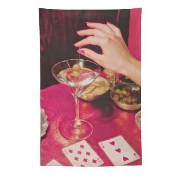 Imagem de Tapeçaria Vintage Martini Olive Poker Cartão de Pôquer Rosa Brilhante Mesa Temática Decoração Estética Chique Festa Decoração Para Sala de Estar Quarto Elegante Arte Doméstica Ornamento de Lazer 152 x
