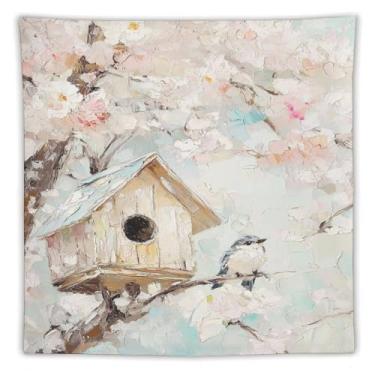 Imagem de Tapeçaria de flor de cerejeira Spring Birdhouse, pintura a óleo, decoração de parede de árvore de pássaro fofo, decoração de jardim sazonal suave para sala de estar, quarto, decoração de arte de