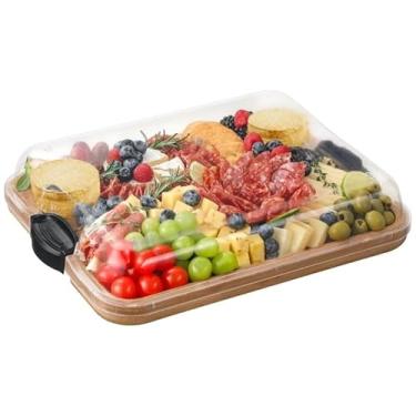 Imagem de Bandeja Grande de Bambu com Tampa com Travas – Tabua Para Servir e Conservar Frios Queijos Petiscos