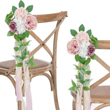 Imagem de Zythrem Decorações de corredor de casamento, 6 peças, arranjos artificiais de flores de banco para decoração de cerimônia de casamento, decorações florais com fita de chiffon e folha verde (Austin