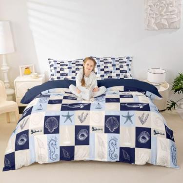 Imagem de Conjunto de capa de edredom Ocean Life, tamanho solteiro, cavalo-marinho, baleia, coral, 2 peças para decoração de quarto de crianças, meninas, meninos, adultos, azul marinho, xadrez, patchwork, capa