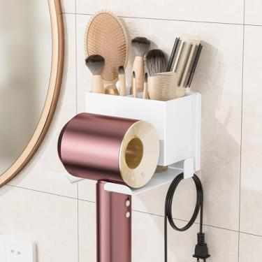 Imagem de BOIVSHI Suporte para secador de cabelo, suporte de metal para secador de cabelo montado na parede, organizador de secador de cabelo com economia de espaço, 2 opções de instalação - autoadesivo ou