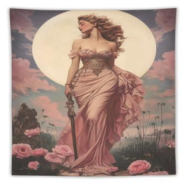 Imagem de Blush Gown Celestial Tapeçaria Elegante Poised Lady By Glowing Full Moon With Delicate Pink Blossoms For Dorm Bedroom Apartment Cozy Chic Elegante Decoração de Parede Tapeçaria 152 cm x 152 cm
