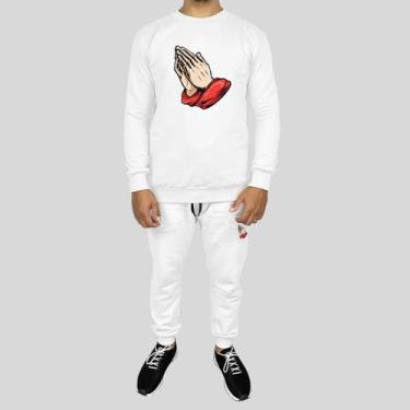 Imagem de Conjunto Calça e Blusa Moletom Careca Sem Capuz Algodão Reze, G, Branc