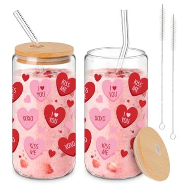 Imagem de Willinglong 2 peças de copos de vidro para o dia dos namorados com tampas, canudos, copos, rosa, copos, doces, latas, gelados, em forma de amor, copos de café para dia dos namorados, para casal, amor