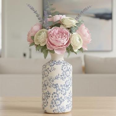 Imagem de Vaso de cerâmica vintage, vaso decorativo floral chinoiserie azul e branco, rústico retrô fazenda acabamento rachado vasos para flores, decoração de casa, sala de estar, centros de mesa, escritório
