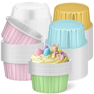 Imagem de Vesici 120 peças de copos de folha de alumínio para dia dos namorados com tampas, 142 g, copos descartáveis de ramequins, forros de muffin, mini formas de torta, recipientes de cupcake para
