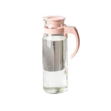 Imagem de Chaleira de vidro para servir bebidas de 1400 ml, grande capacidade, com tampa e alça para suco, chá, leite, jarra, distribuidor, dispensador de bebidas, pote de água (rosa)